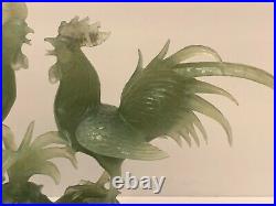 Superb Antique Chinese Carved Jade Fighting Roosters Sculpture on Wood Base