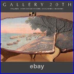 Superb! Antique Harbor Painting Wood Carving! Vtg Orig. Art Oil Sculpture Beach