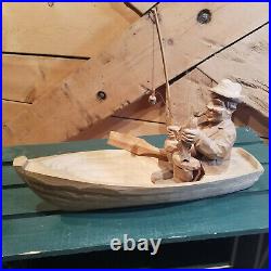 Swedish Folk Art Fisherman Canoe Figurine Wood Carved Boat 11 Vtg Swanky Barn