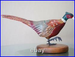 TOM TABER Wood Carved Ringneck Pheasant Signed Bird Decoy Sculpture Statue