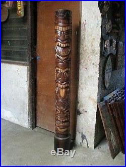 Tall Hand-Carved Wood Tiki Totem Waxed 3-Headed Hawaiian Tropical Sculpture 60H