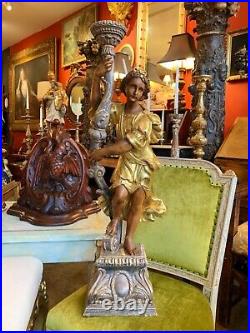 Tall Italian Baroque Style Carved & Giltwood Figurative Candleholder