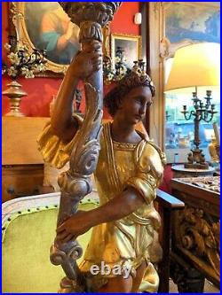 Tall Italian Baroque Style Carved & Giltwood Figurative Candleholder