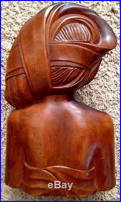 Teak Wood 4X8X12 Carved Woman Art Sculpture Bust Wearing Head Wrap