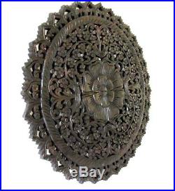 Teak Wood Wall Carving Round Flower Thai Carved Wooden Plaque Relief Panel 23
