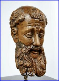 Tête d'homme barbu Espagne XVIIIe Antique carved wood 18e sculpture bois