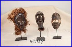 Three Small Dan People Passport Masks Ivory Coast on Stands