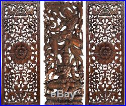 Traditional Thai Figure Wall Art Panel. Large Carved Wood Decor Panels. Set of 3