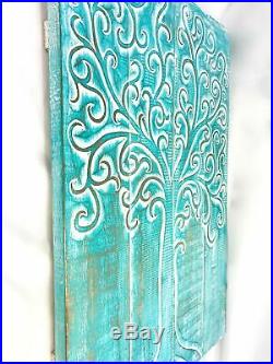 Tree of Life Wall Sculpture Distressed Turquoise Hand Carved Wood Bali Art Decor