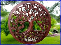 Tree of life Wall Art Plaque Panel Hand Carved wood Mahogany Balinese 11.25