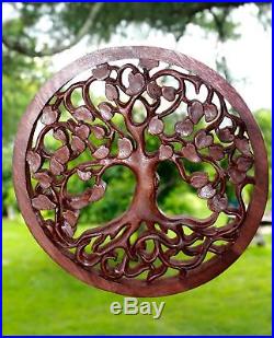 Tree of life Wall Art Plaque Panel Hand Carved wood Mahogany Balinese 11.25