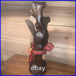 Tribal Headhunter Warrior Wooden Sculpture Holding Severed Head With Machete 12