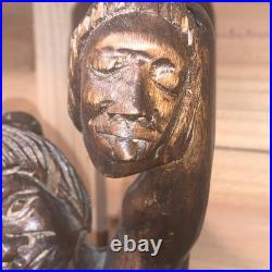 Tribal Headhunter Warrior Wooden Sculpture Holding Severed Head With Machete 12
