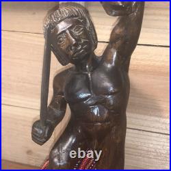 Tribal Headhunter Warrior Wooden Sculpture Holding Severed Head With Machete 12
