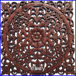 Tropical Wood Carved Floral Asian Home Decor Wall Plaque Sculpture Square 23