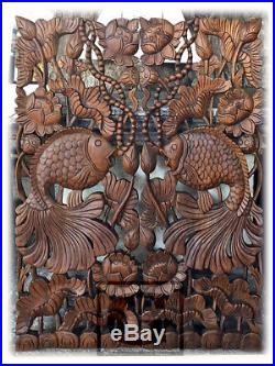 Twin Fish in Lotus New Wood Carving Home Wall Panel Mural Decor Art Statue gtahy