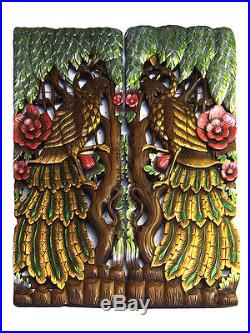 Twin Peacock Tree New Wood Carving Home Wall Panel Mural Decor Art Statue gtahy