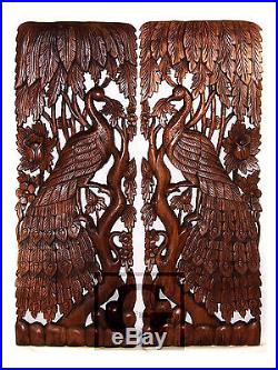 Twin Peacock Tree New Wood Carving Home Wall Panel Mural Decor Art Statue gtahy