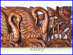 Twin Swan in Lotus Wood Carving Home Wall Panel Mural Decor Art Statue FS gtahy
