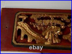 Two Antique Chinese Carved Wood Panel With Figures Pagoda Landscape