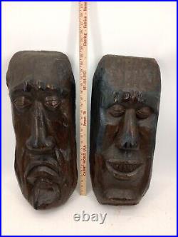 Two Large Apalachin Folk Art Face Carvings Split Log 10 X 24 X 5