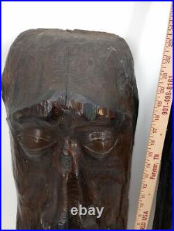 Two Large Apalachin Folk Art Face Carvings Split Log 10 X 24 X 5