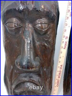 Two Large Apalachin Folk Art Face Carvings Split Log 10 X 24 X 5