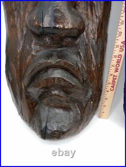 Two Large Apalachin Folk Art Face Carvings Split Log 10 X 24 X 5