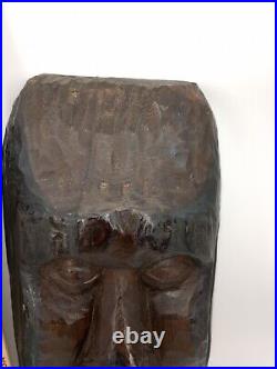 Two Large Apalachin Folk Art Face Carvings Split Log 10 X 24 X 5