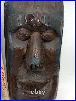 Two Large Apalachin Folk Art Face Carvings Split Log 10 X 24 X 5