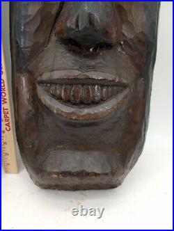 Two Large Apalachin Folk Art Face Carvings Split Log 10 X 24 X 5