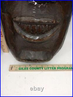 Two Large Apalachin Folk Art Face Carvings Split Log 10 X 24 X 5