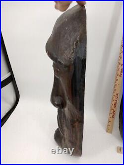 Two Large Apalachin Folk Art Face Carvings Split Log 10 X 24 X 5