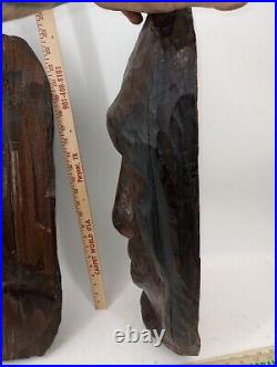 Two Large Apalachin Folk Art Face Carvings Split Log 10 X 24 X 5