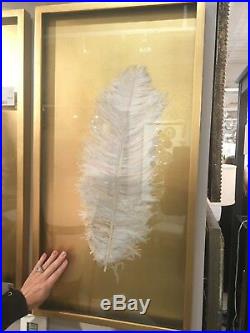 Two XXL 34 Gold Leaf Shadow Box Large Feather Under Glass Modern Wall Art