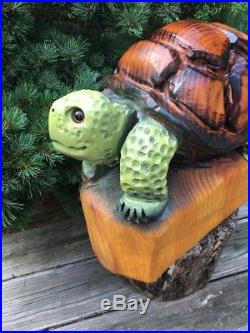UNIQUE! Chainsaw Carved TURTLE White Pine Wood Sculptures Rustic Log Home Decor