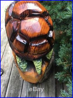 UNIQUE! Chainsaw Carved TURTLE White Pine Wood Sculptures Rustic Log Home Decor