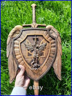 Ukrainian Trident with Archangel Michael WOODEN CARVED ART WORK Personalised