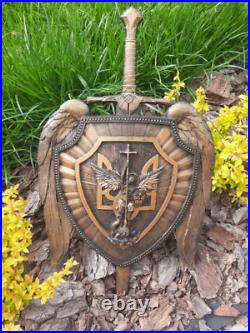 Ukrainian Trident with Archangel Michael WOODEN CARVED ART WORK Personalised