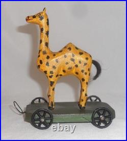 Unusual 1982 Painted Carved Wood Folk Art Camel Pull Toy Walter &June Gottshall