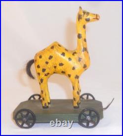 Unusual 1982 Painted Carved Wood Folk Art Camel Pull Toy Walter &June Gottshall