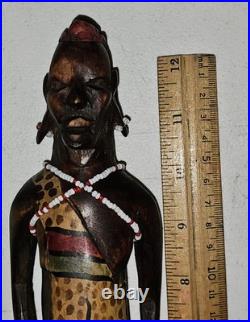 VINTAGE AFRICAN CARVED STATUE Masai TRIBAL ETHNIC WOODEN Man 12.5 HANDMADE