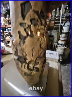 VINTAGE BRUTALIST Modern CERAMIC SCULPTED 3D VASE 12.5x5 Burl Wood LOOK Signed