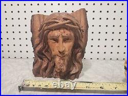 VINTAGE JESUS CHRIST Wood Hand Carved Sculpture Folk Art Bust Catholic RARE