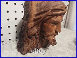 VINTAGE JESUS CHRIST Wood Hand Carved Sculpture Folk Art Bust Catholic RARE