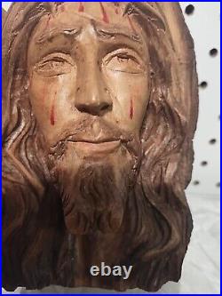 VINTAGE JESUS CHRIST Wood Hand Carved Sculpture Folk Art Bust Catholic RARE