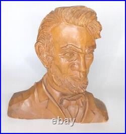 VTG 1970 Rare Handcraved Wood & Signed Abraham Lincoln Bust Sculpture