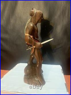 VTG 1990 Tribal Carved Wood Head Hunter Staue Sculpture 12in