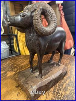VTG Art IRON WOOD Hand Carved AMERICAN RAM Heavy Detailed 12T x 9L SCULPTURE