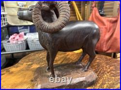 VTG Art IRON WOOD Hand Carved AMERICAN RAM Heavy Detailed 12T x 9L SCULPTURE